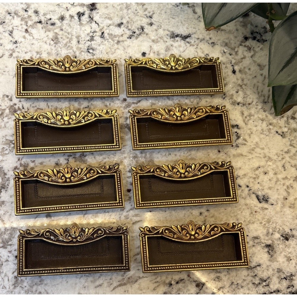 8 VTG Vcr Italy Brass Label Holder Drawer Pull French Provincial Rococo Hardware - Picture 1 of 16